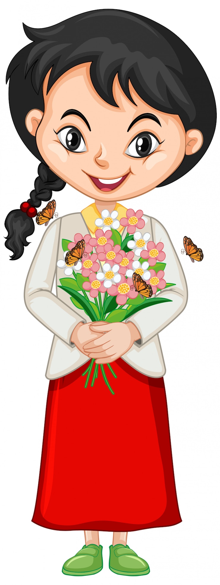 Vetor grátis menina com flores e borboletas em fundo isolado