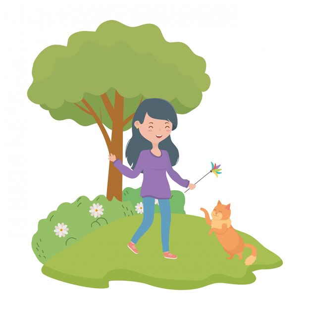 Menina, com, gato, caricatura