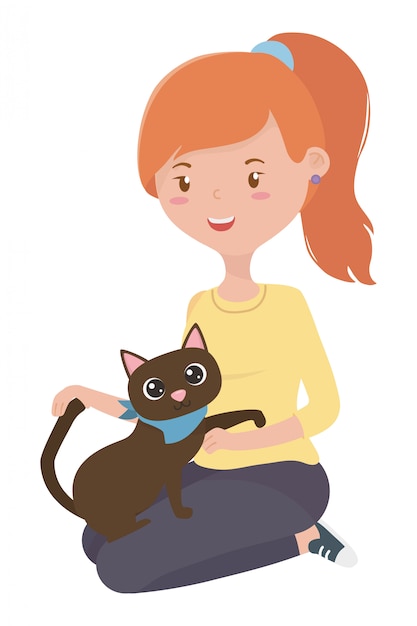 Menina, com, gato, de, caricatura