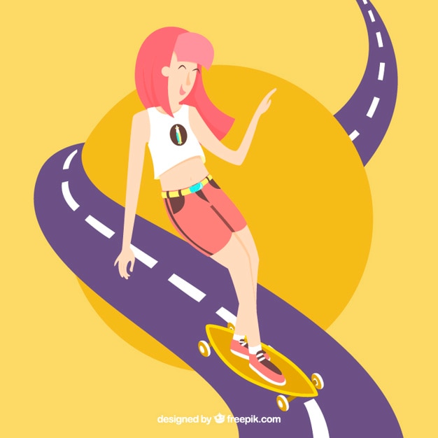 Vetor grátis menina com seu skate na estrada