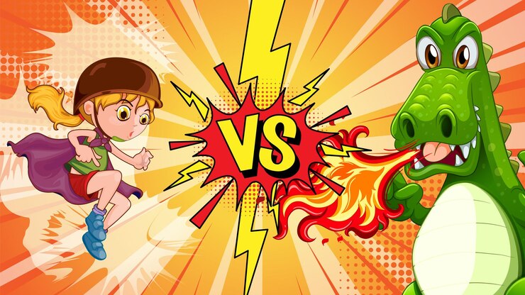 Vetor grátis menina contra dragão showdown