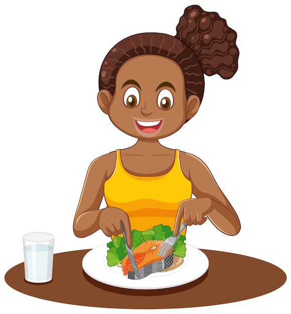 Vetor grátis menina da puberdade com refeição de salmão na mesa
