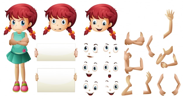 Vetor grátis menina definida com diferentes gestos de mão e ilustração de expressões faciais