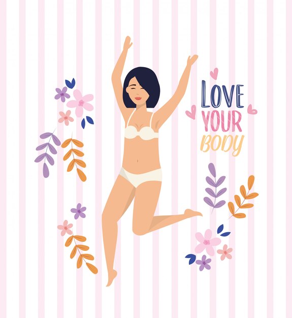 Menina, desgastar, underclothes, com, mãos cima, e, plantas
