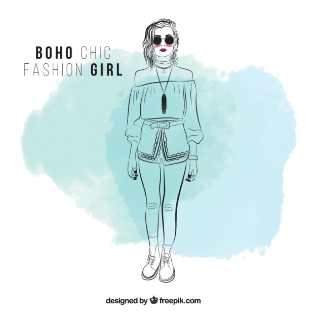 Vetor grátis menina esboçado com óculos de sol e roupas boho