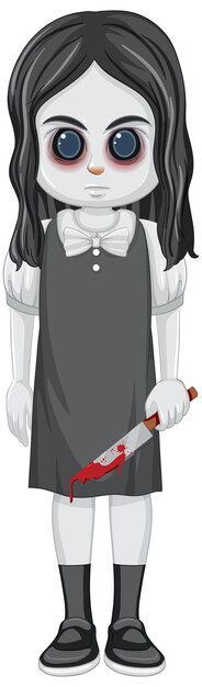 Menina fantasma com olhos negros e segurando uma faca