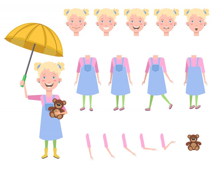 Vetor grátis menina feliz com ursinho de pelúcia sob o conjunto de caracteres de guarda-chuva