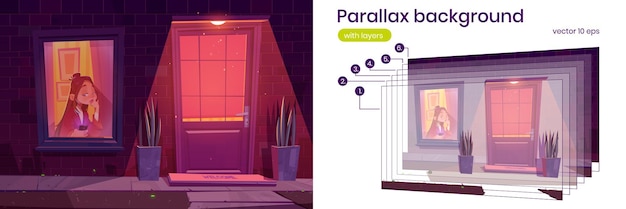 Vetor grátis menina infeliz com smartphone em casa à noite. fundo de paralaxe vetorial para animação 2d com ilustração de desenho animado, construção de fachada com porta e mulher triste e solitária pela janela