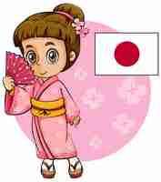 Vetor grátis menina japonesa no quimono rosa e bandeira do japão