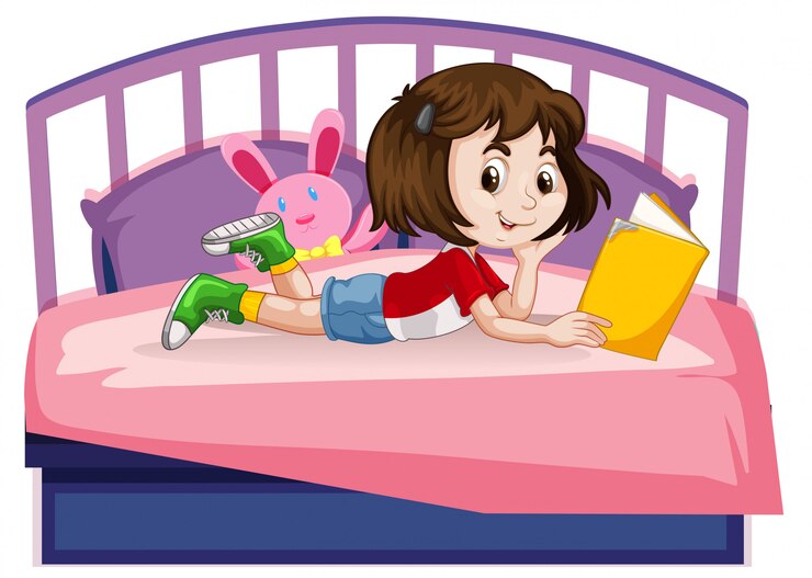 Vetor grátis menina jovem, livro leitura, cama