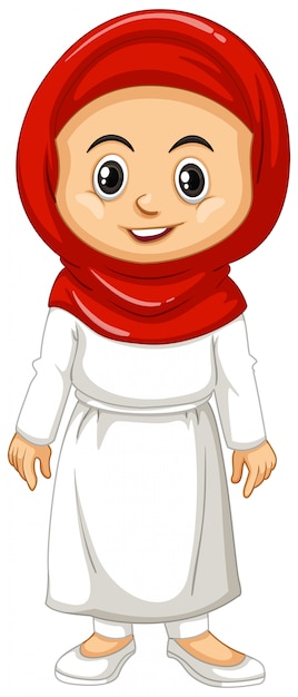 Menina muçulmana em roupas vermelhas e brancas