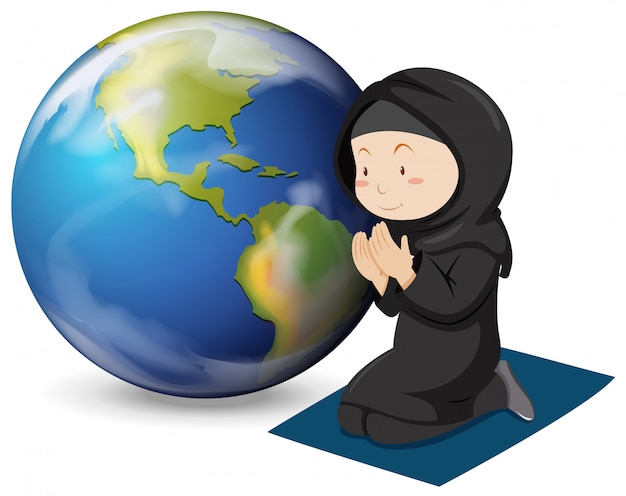 Menina muçulmana em traje preto rezando
