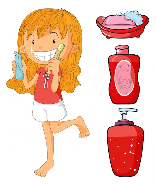 Vetor grátis menina na ilustração vermelha dos dentes escovando