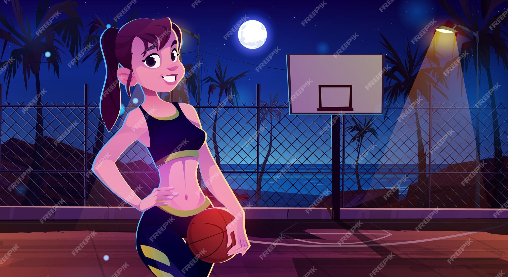 Menina na quadra de basquete à noite vetor fundo jogador feminino no  estádio de esporte de rua perto da costa da água do mar jogo de desenhos  animados ilustração luar no verão