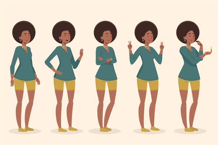 Vetor grátis menina negra desenhada à mão plana em coleção de poses diferentes