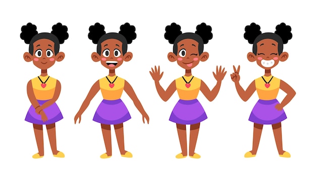 Menina negra desenhada à mão plana em diferentes poses