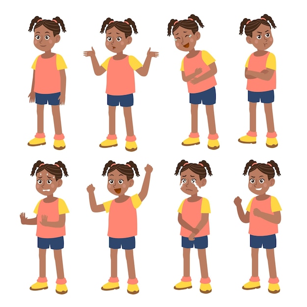 Vetor grátis menina negra desenhada à mão plana em diferentes poses