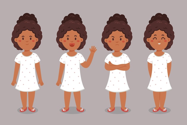 Menina negra desenhada à mão plana em diferentes poses