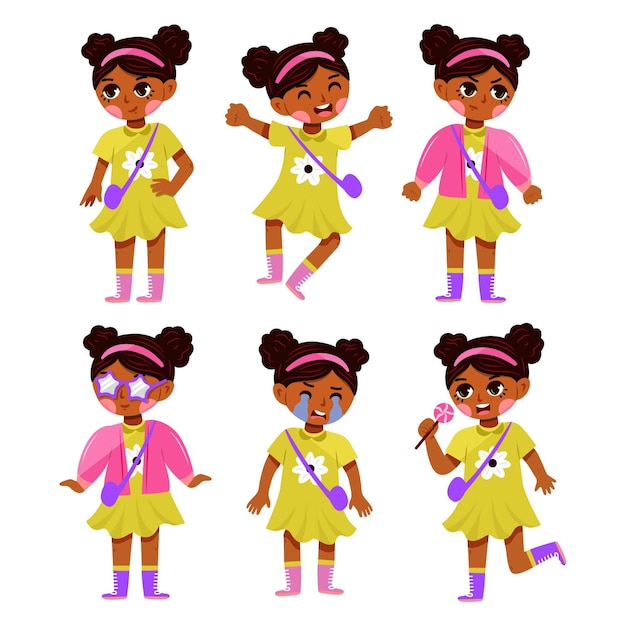 Vetor grátis menina negra desenhada à mão plana em diferentes poses