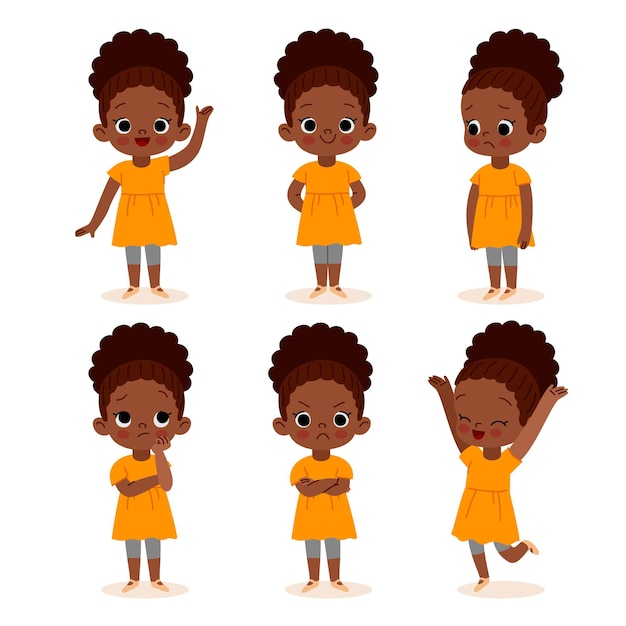 Vetor grátis menina negra desenhada à mão plana em ilustração de poses diferentes