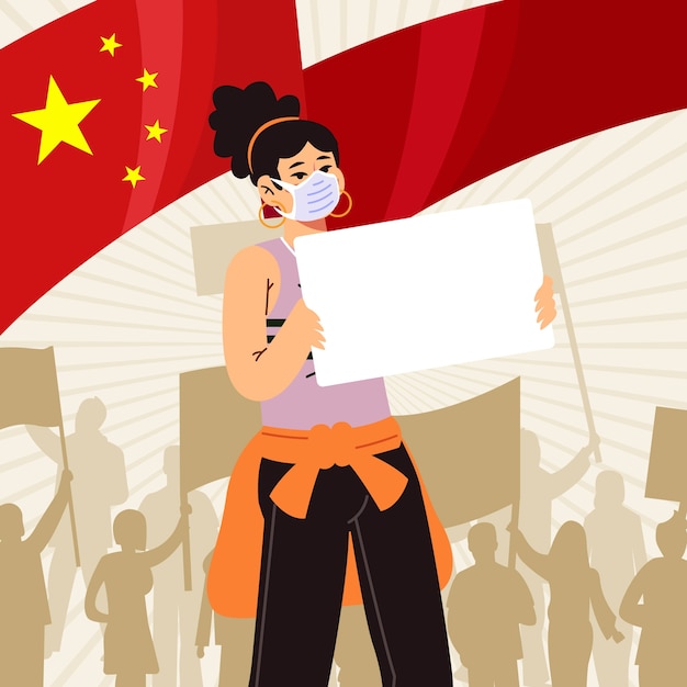 Vetor grátis menina plana desenhada de mão segurando ilustração de protestos de bandeira china