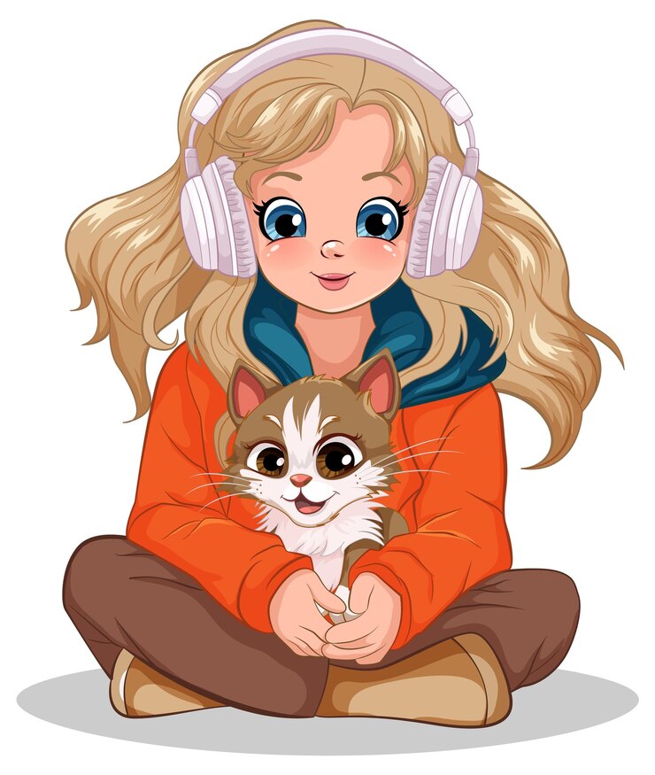 Vetor grátis menina segurando animal de estimação sentado no chão ouvindo música com fone de ouvido