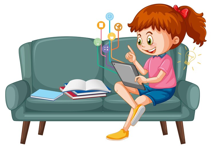 Vetor grátis menina sentada no sofá aprendendo com o tablet