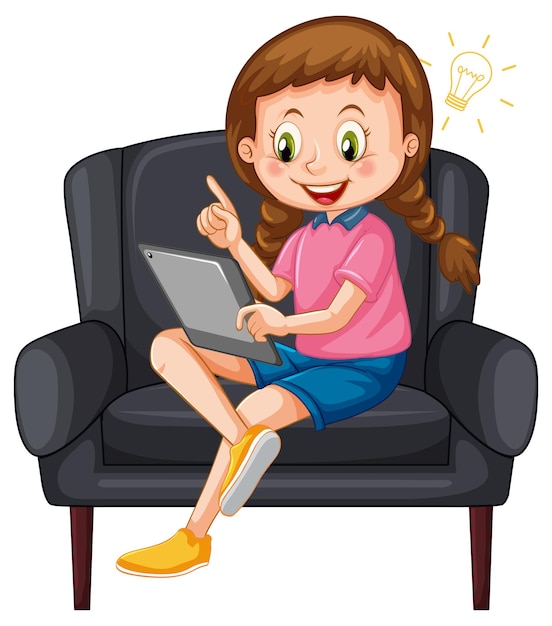 Menina sentada no sofá aprendendo com o tablet