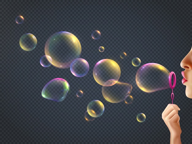 Vetor grátis menina, soprando bolhas de sabão com reflexo do arco-íris transparente realista