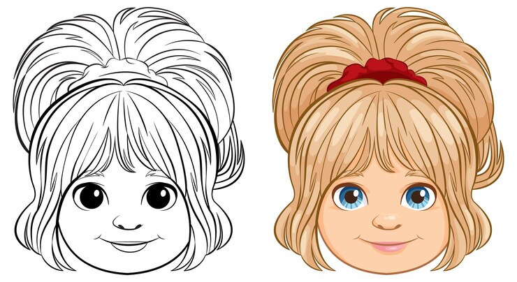 Vetor grátis menina sorridente com arco antes e depois de colorir