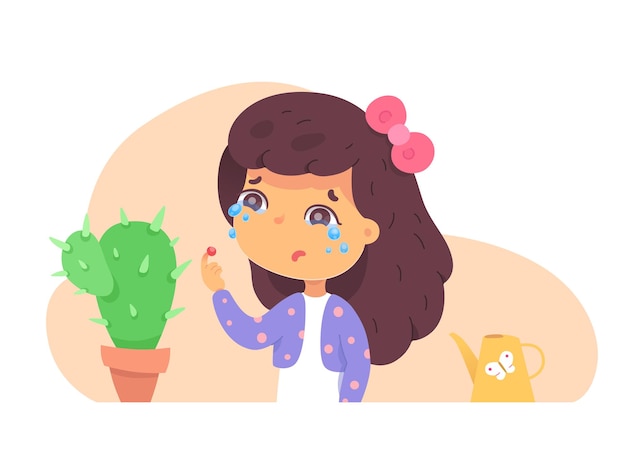 Menina tocando cacto e chorando criança triste feriu o dedo picando espinho Chorando com lágrimas de dor sangue na pele ferida criança bonita com planta em vaso