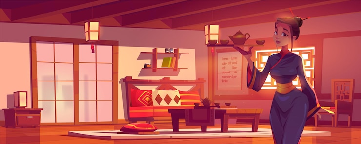 Vetor grátis menina vestindo kimono tradicional chinês ou japonês segura bandeja com chaleira e copos na mão em sala com mesa de cerimônia de chá porta e janela sofá e decorações tradicionais vetor de desenho animado