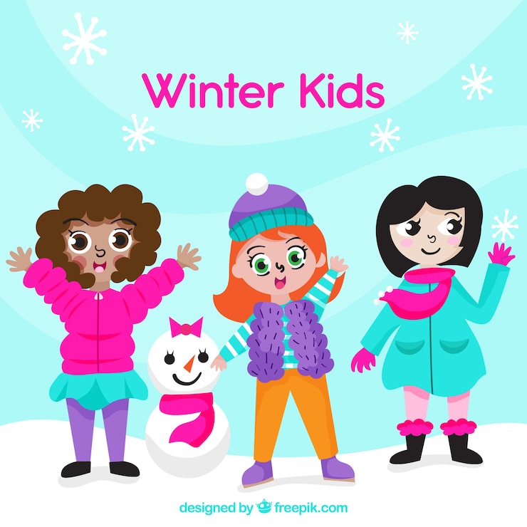 Vetor grátis meninas de inverno com um lindo boneco de neve