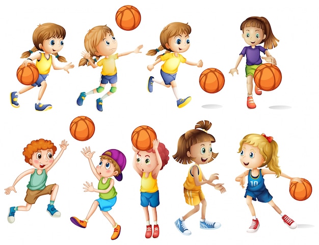 Meninas e meninos jogando basquete