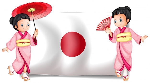 Meninas japonesas e bandeira