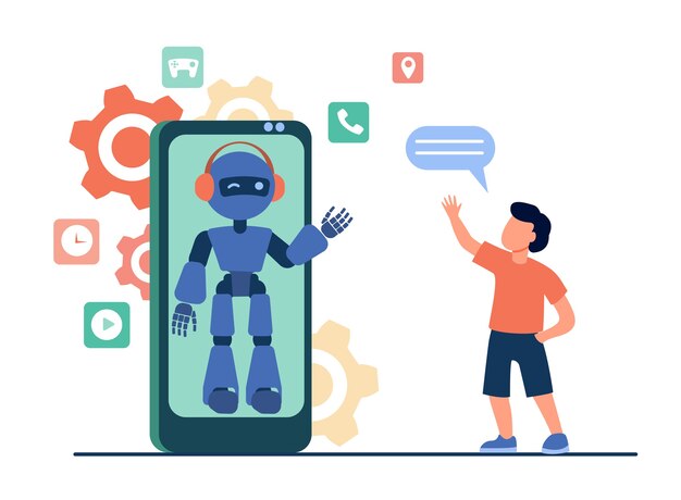 Menino acenando Olá para humanóide na tela do smartphone. Bate-papo bot, assistente virtual, ilustração vetorial plana de telefone móvel. Tecnologia, infância