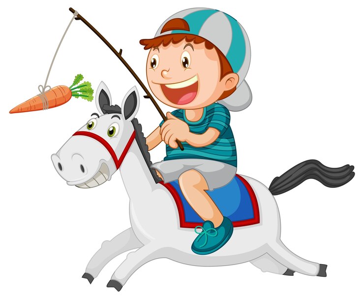 Vetor grátis menino andando a cavalo pescando uma cenoura
