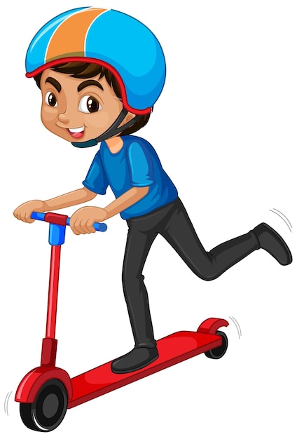 Vetor grátis menino andando de scooter em fundo branco