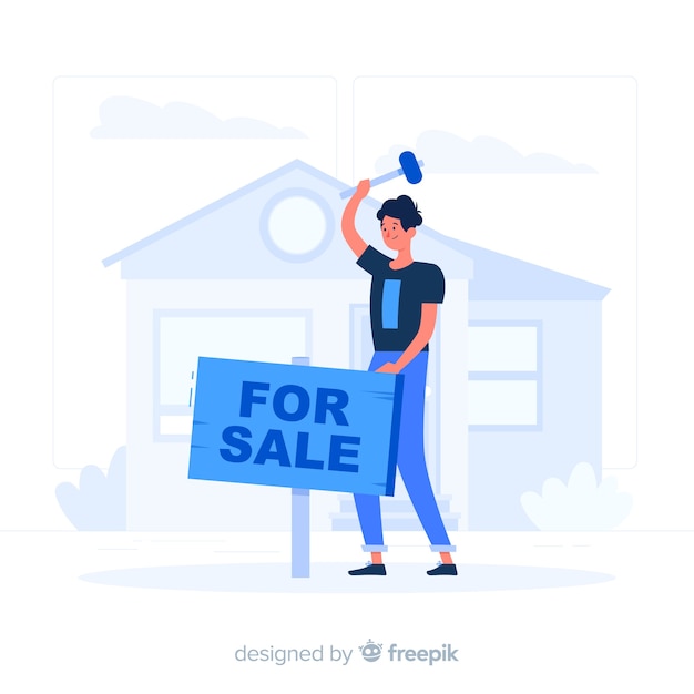 Menino azul, vendendo um estilo de casa plana