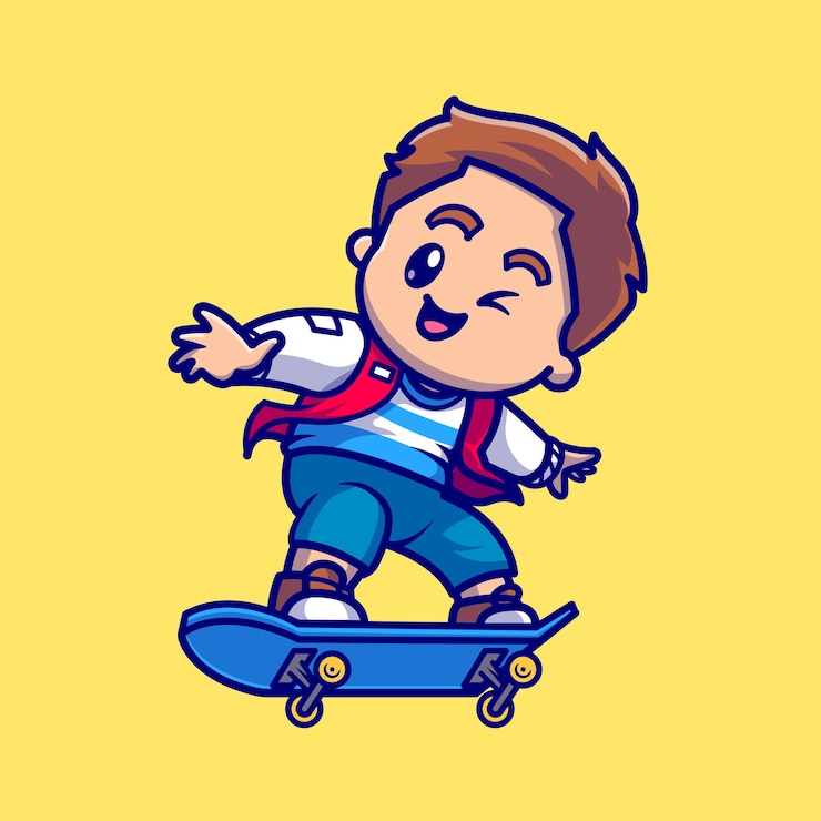 Vetor grátis menino bonito, brincando com ilustração de ícone de vetor de skate dos desenhos animados. conceito de ícone do esporte de pessoas isolado vetor premium. estilo flat cartoon