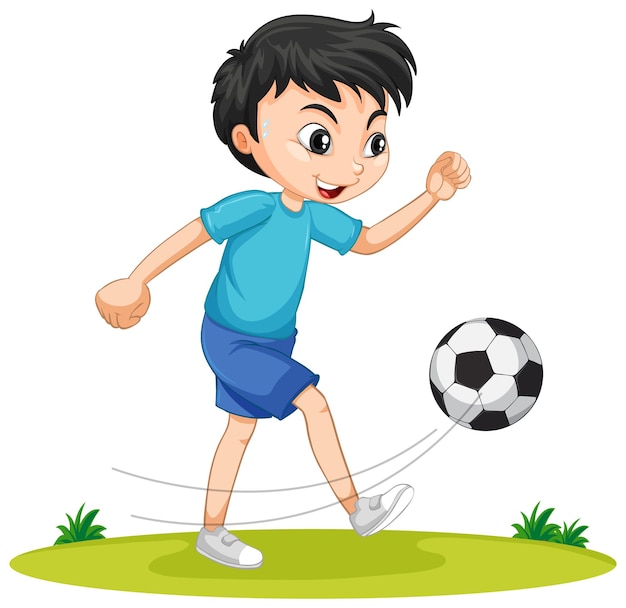 Menino bonito jogando futebol personagem de desenho animado isolado