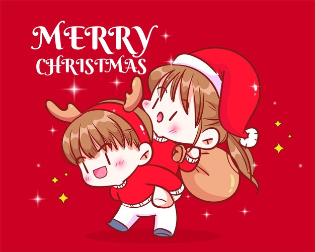 Menino carregando a menina nas costas de celebração no dia de Natal juntos ilustração da arte dos desenhos animados desenhados à mão
