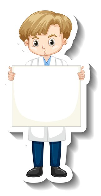 Menino cientista segurando um tabuleiro vazio com adesivo de personagem de desenho animado