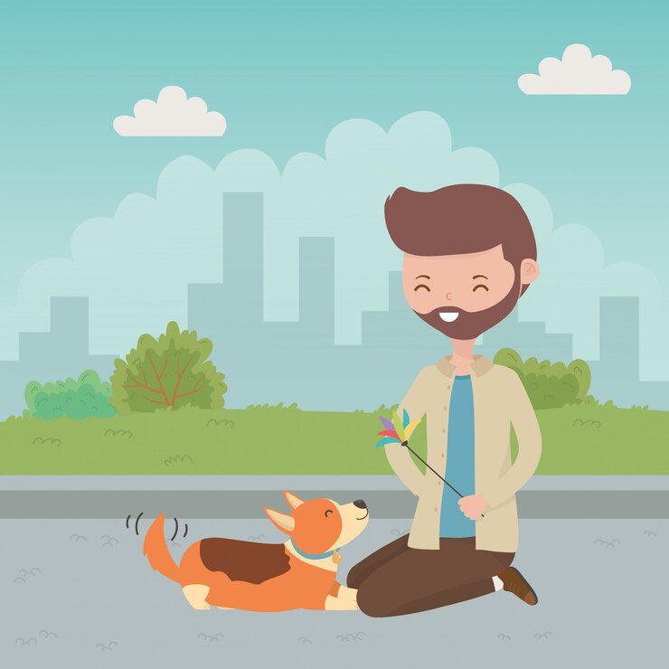 Vetor grátis menino, com, cão, de, caricatura
