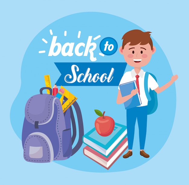 Menino, com, mochila, e, maçã, fruta, com, livros