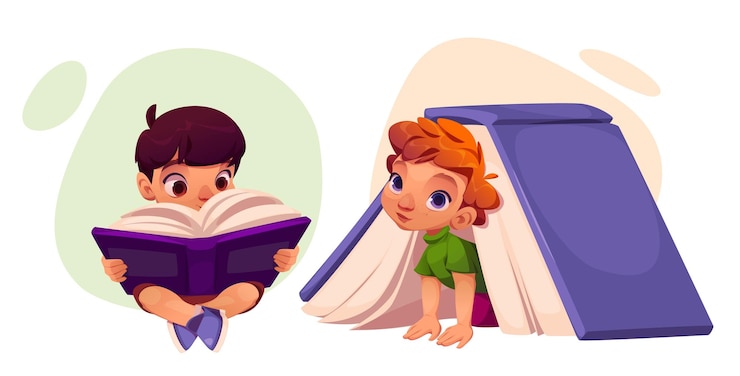 Vetor grátis menino criança ler livro na biblioteca da escola vetor de desenhos animados