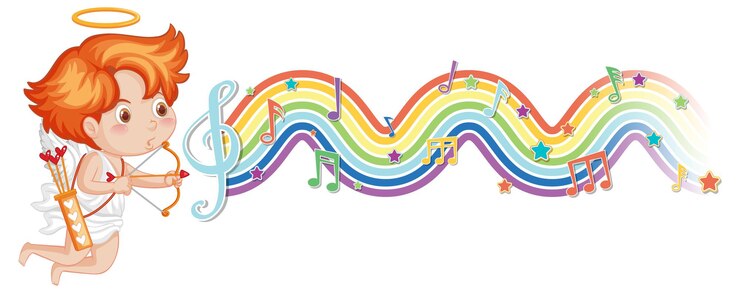 Vetor grátis menino cupido deitado na nuvem com símbolos de melodia na onda do arco-íris