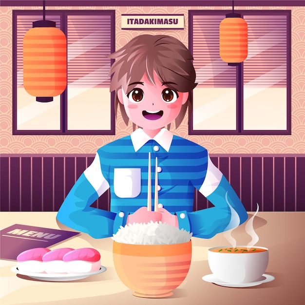 Menino de anime gradiente comendo em um restaurante