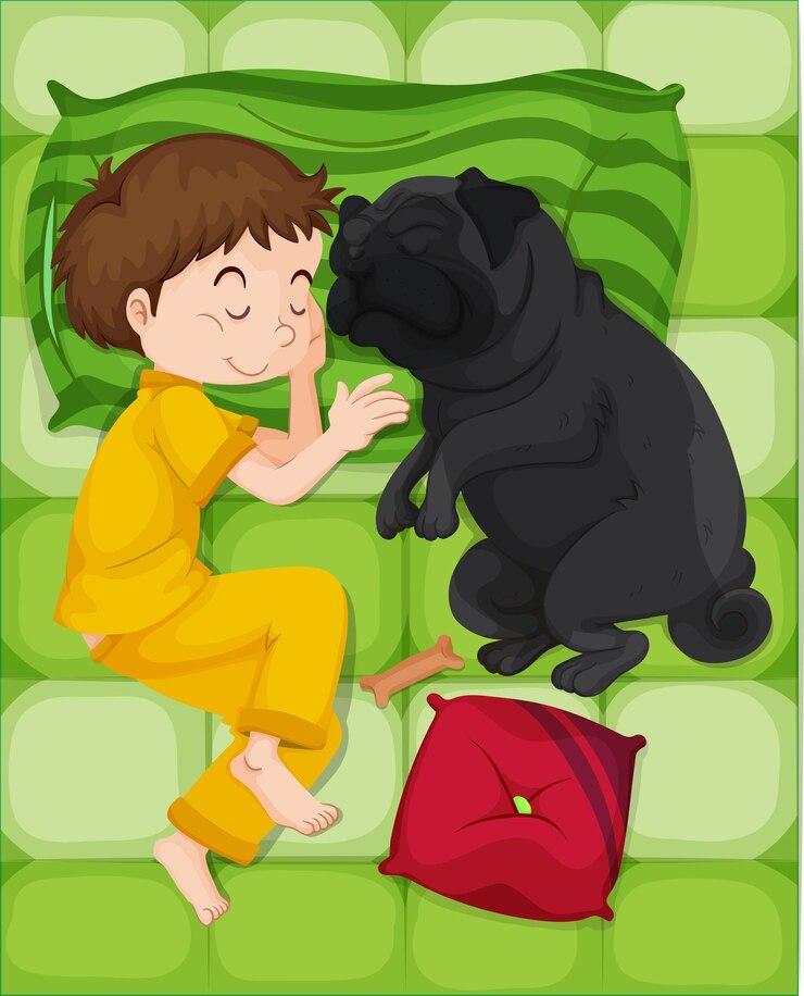 Vetor grátis menino de pijama amarelo dormindo com cachorro