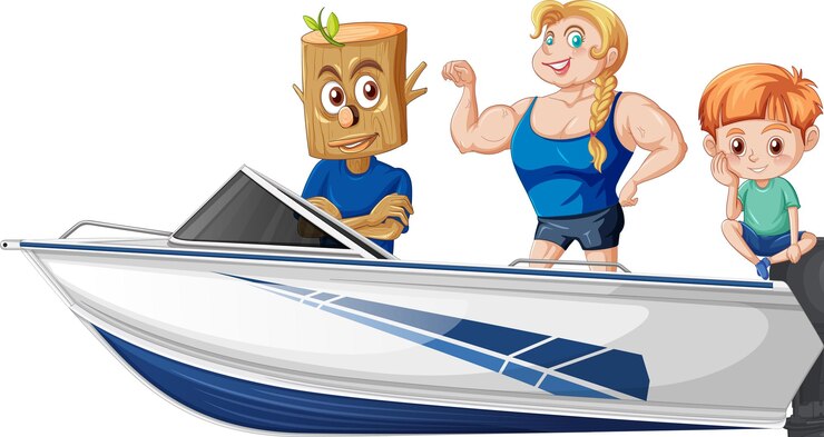 Vetor grátis menino e menina de pé em um barco em alta velocidade em um fundo branco